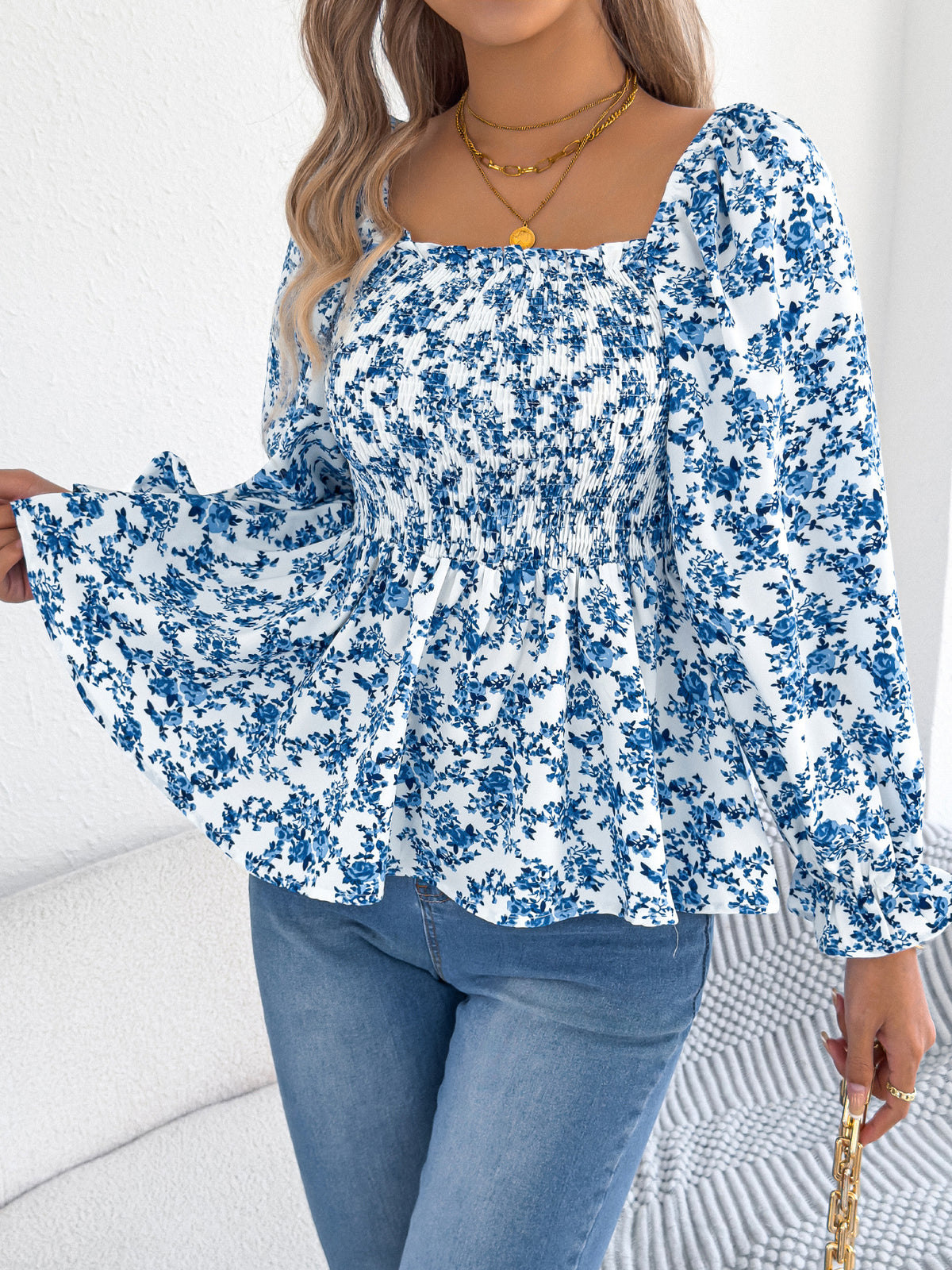 Women's Casual Square Collar Bell Sleeve Floral Blouses