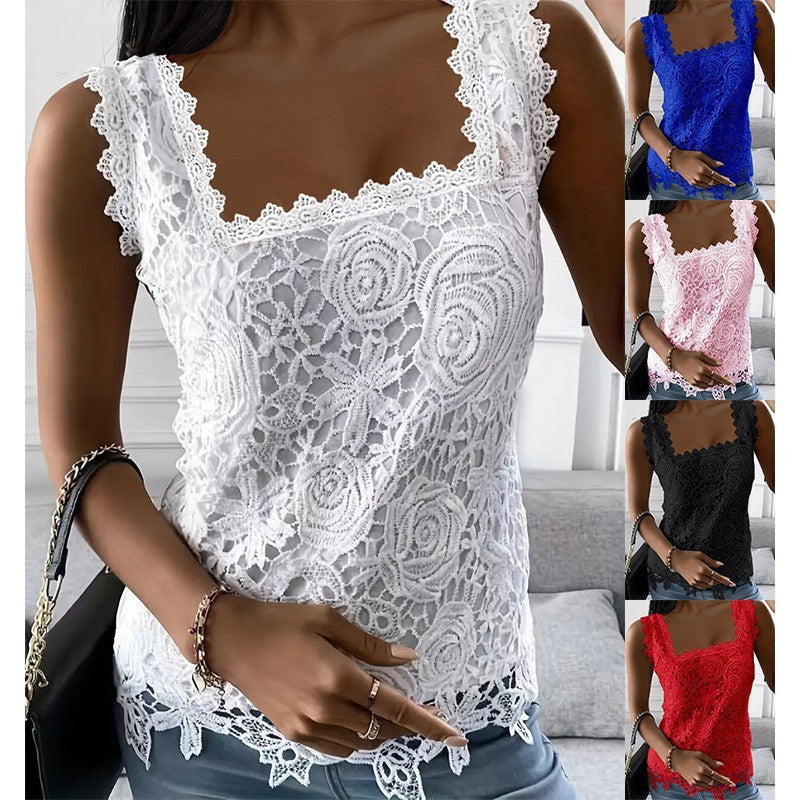 Trendy Summer Square Collar Sleeveless T-shirt Lace Shirt, Chiffon Shirt