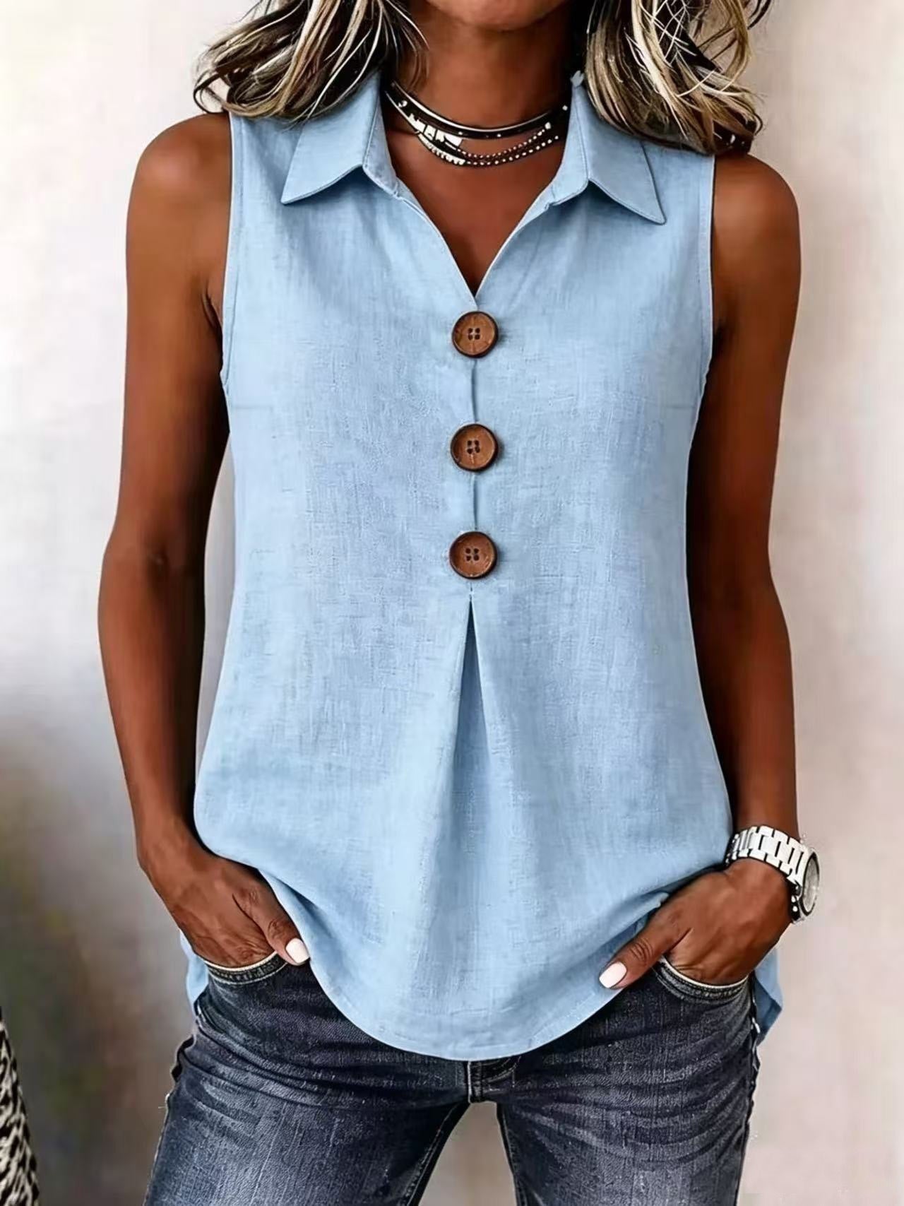Women's Fashion Simple Lapel Cotton Linen Button Small Vest/suspenders/tube Top