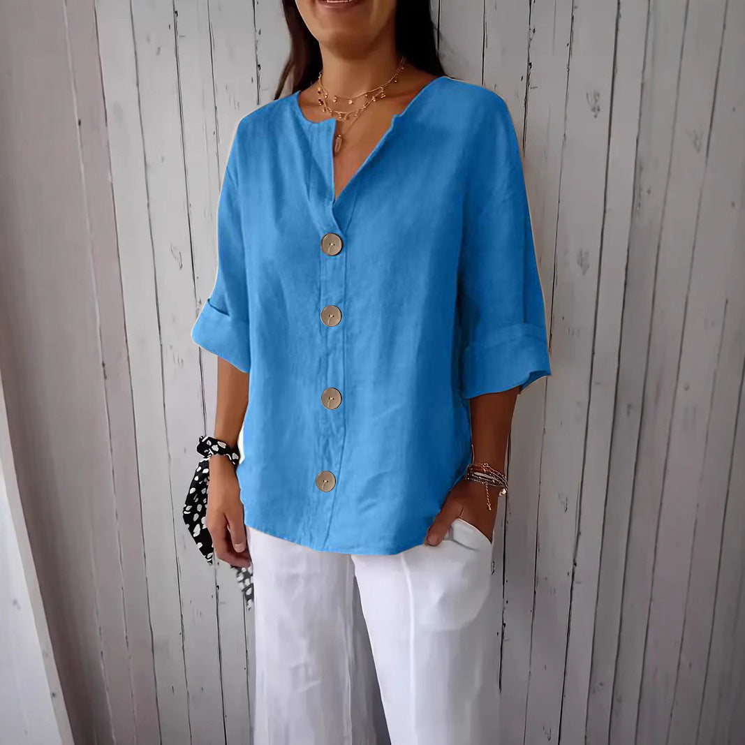 Women's Summer Loose T-shirt Cotton Linen Button Tops