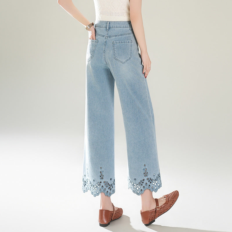Women's Light Blue Embroidered Design Hollow Lace Narrow Version Pants