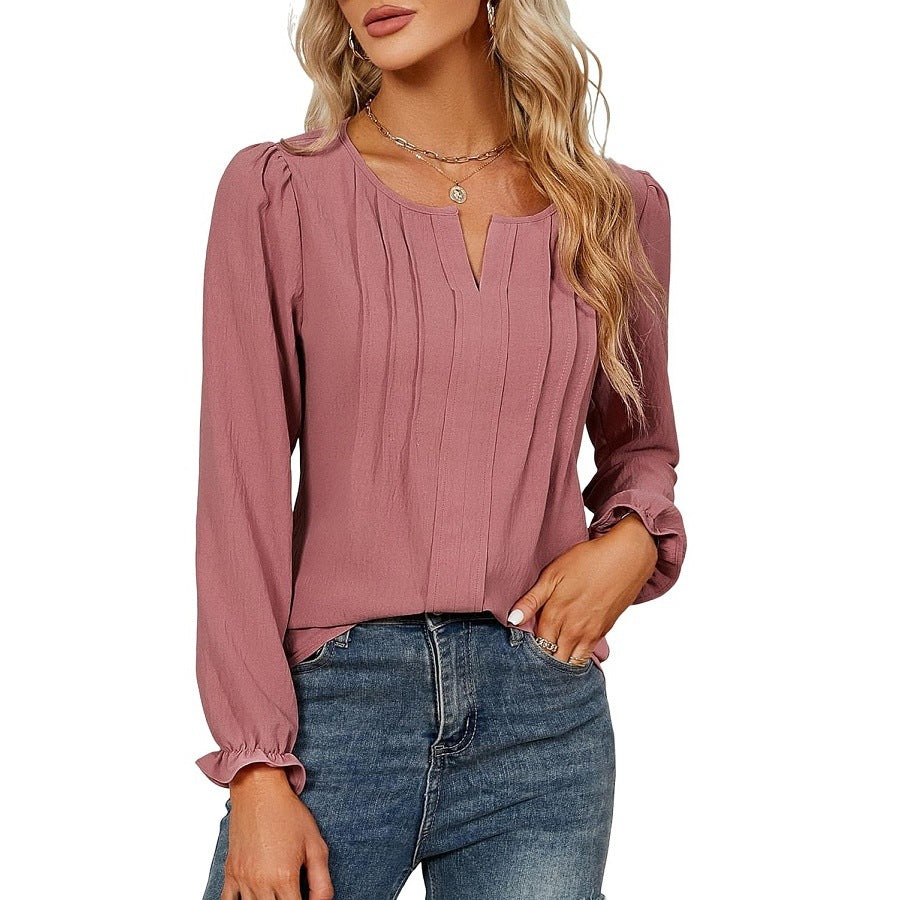 Women's Casual Solid Color Long Sleeve Stripes Lace Shirt, Chiffon Shirt