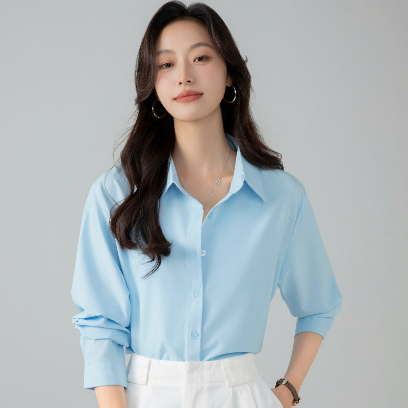 Blue Ghost Cotton Long-sleeved French Shirt Tops