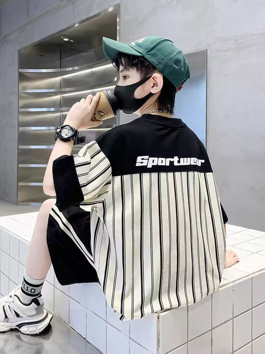 Children's Clothing Boys Summer Middle Big Handsome Stripes Short Sleeve Children's Suit