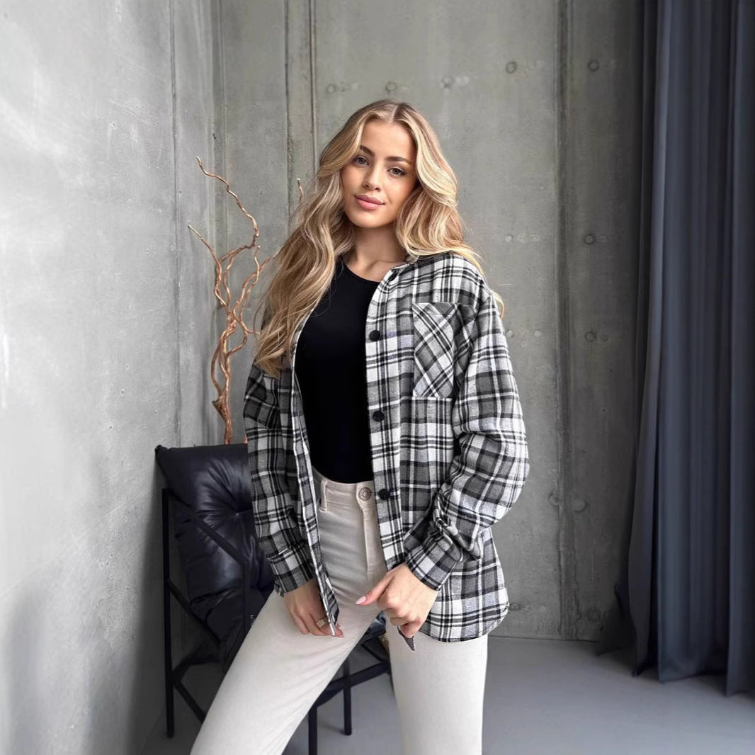 Women's Shirt Fashionable Plaid Mid-length Casual Temperament Tops
