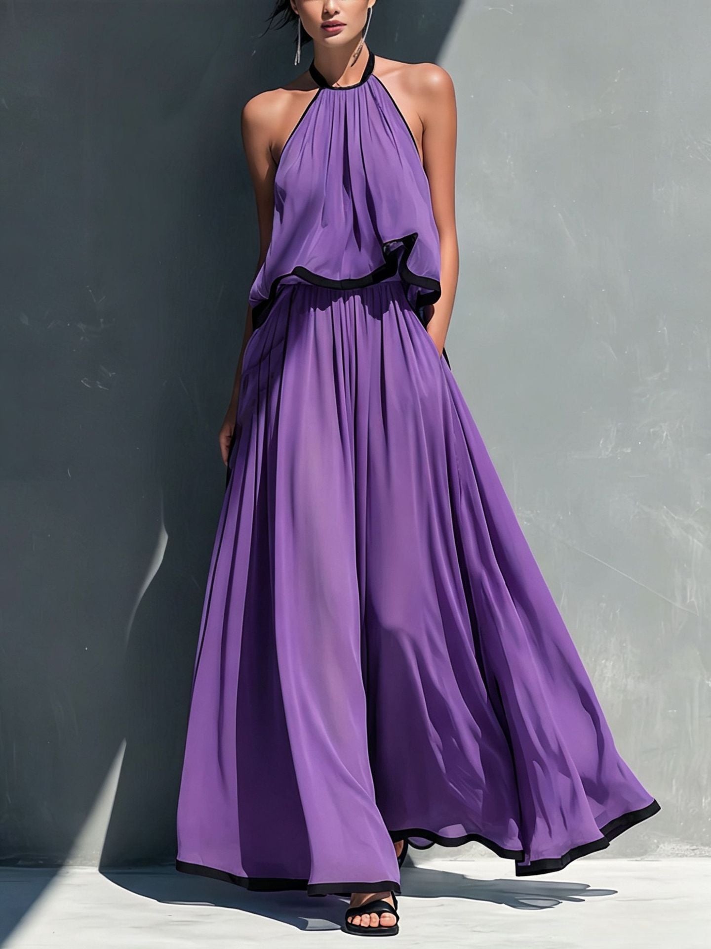 Halter Sleeveless High Waist Big Swing Long High-grade Chiffon Two-piece Fashion Casual Suit