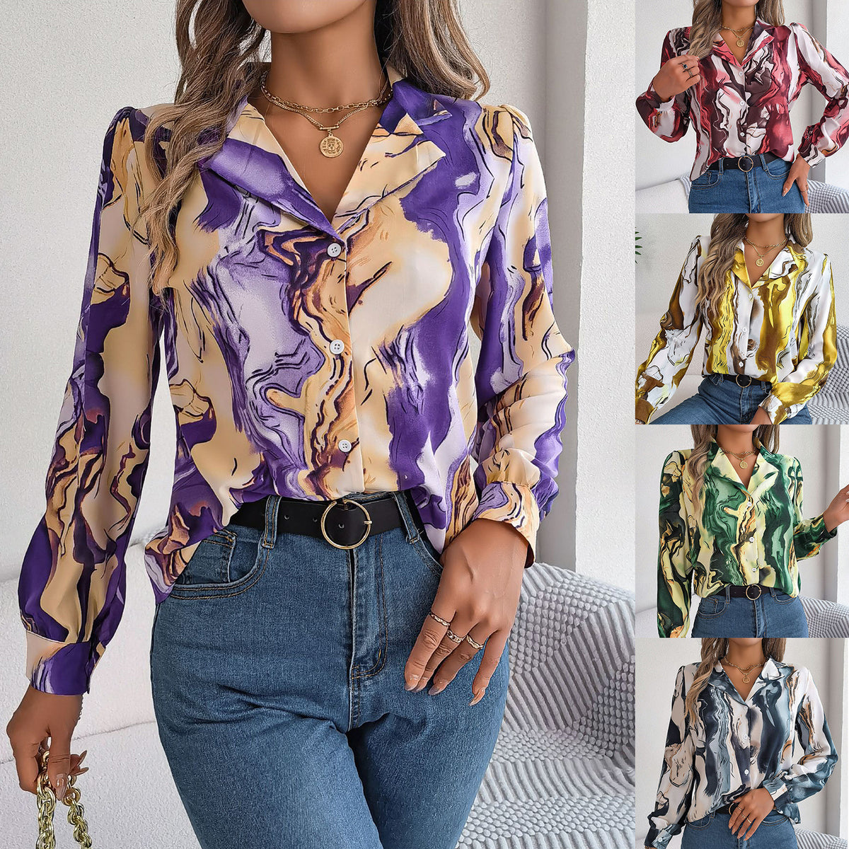 Women's Casual Contrast Color Striped Collar Long Lace Shirt, Chiffon Shirt