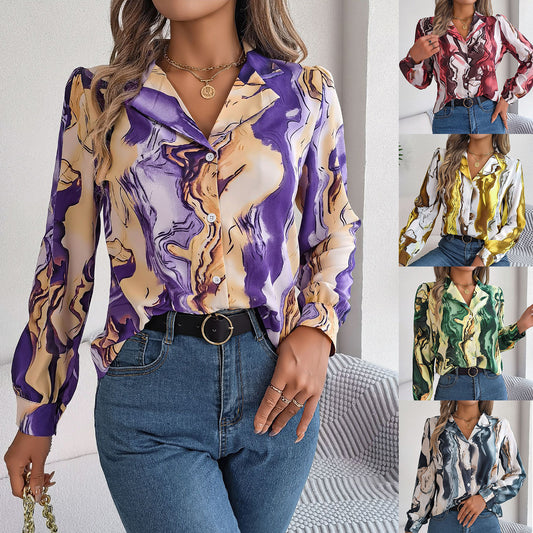 Women's Casual Contrast Color Striped Collar Long Lace Shirt, Chiffon Shirt