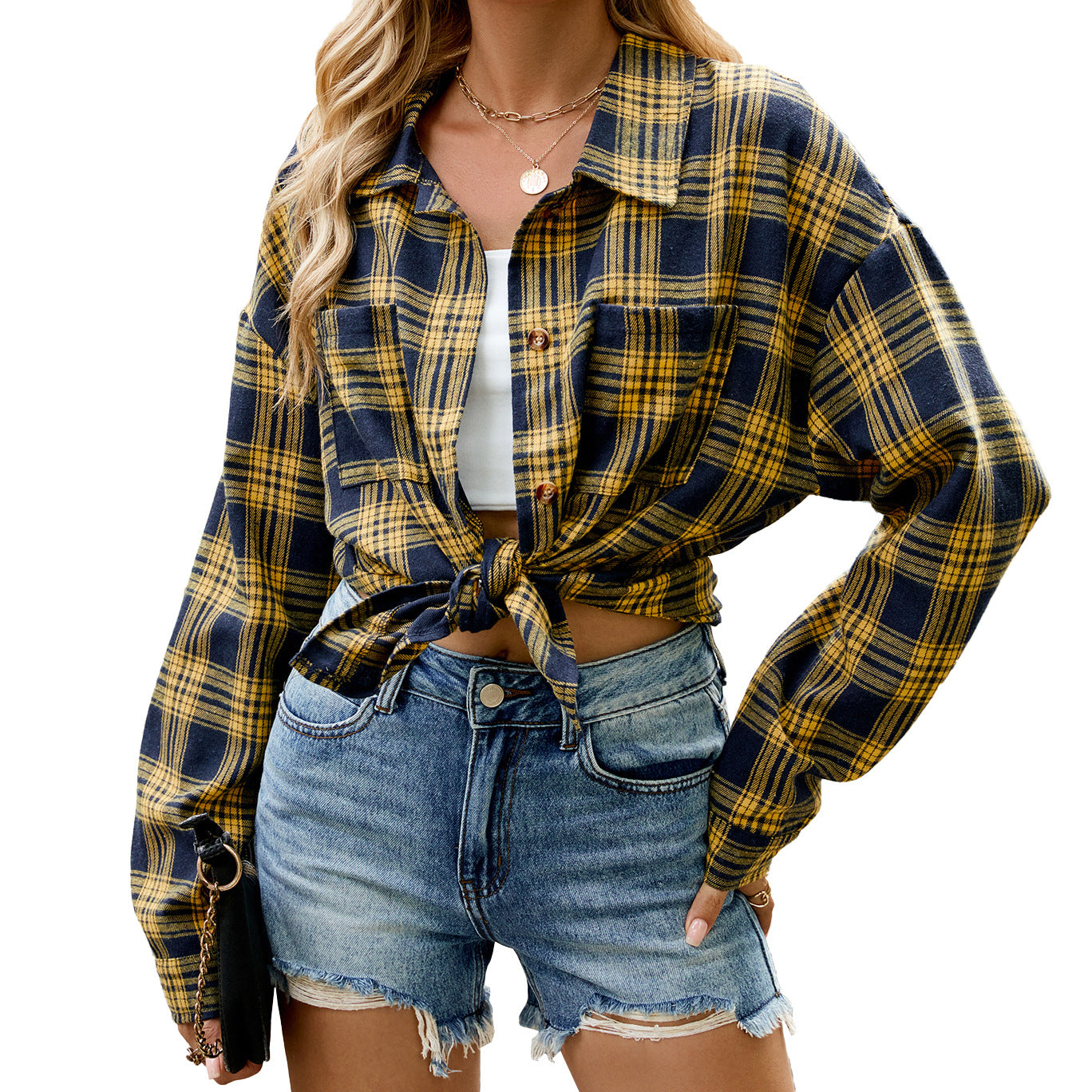 Women's Lapel Long Sleeve Pocket Button Plaid Shirt Tops