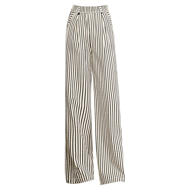 Women's Vertical Stripes Ice Silk Leisure High Waist Loose Small Casual Pants