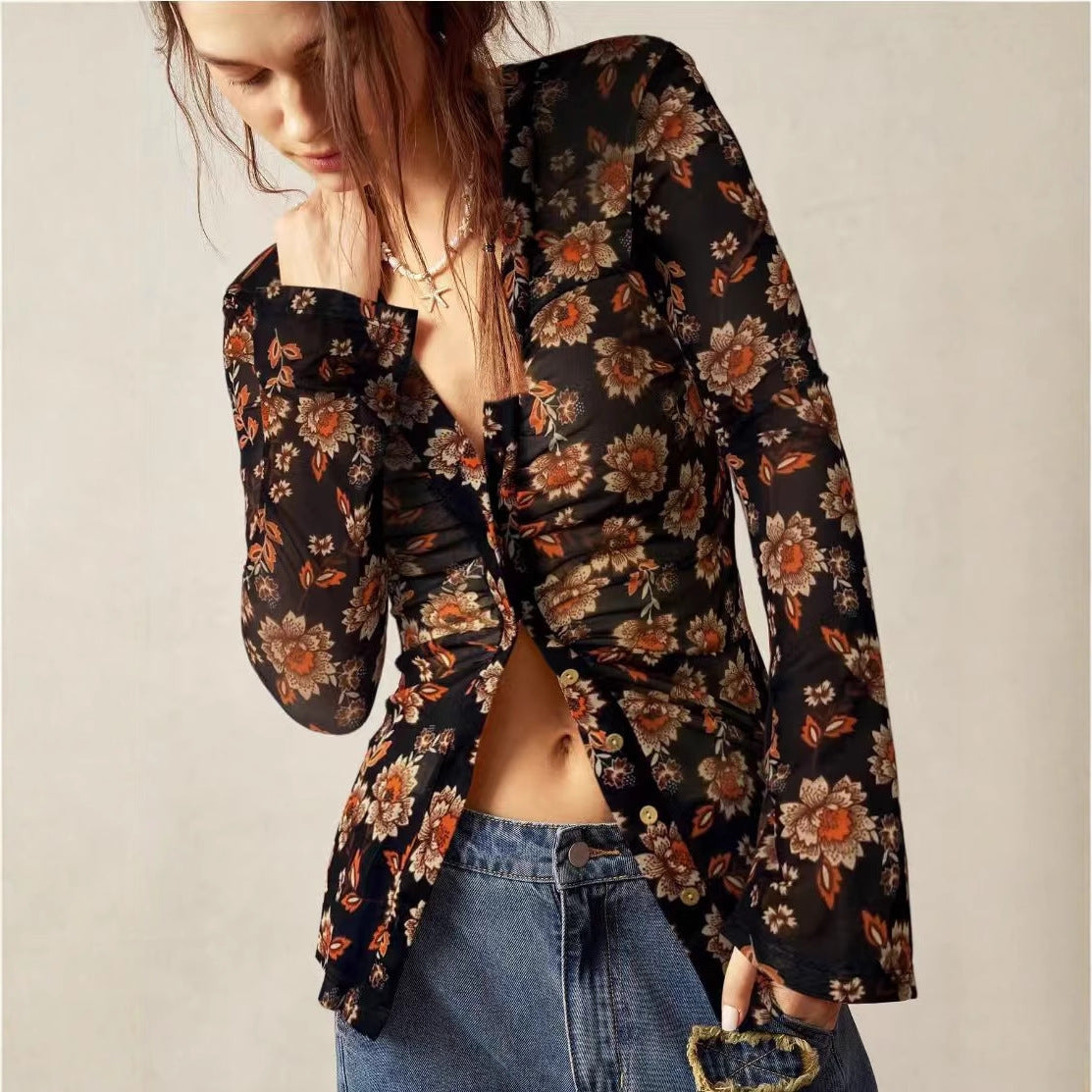 Women's Summer Mesh Floral Print Shirt Slim Fit Slimming Retro Temperament Blouse