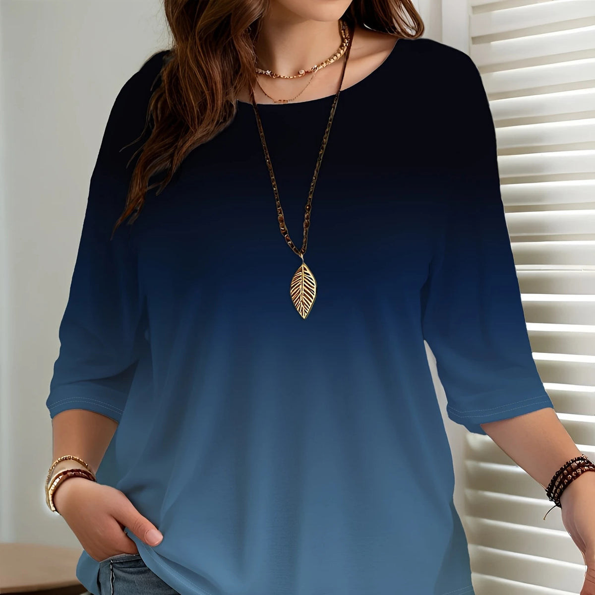 Women's Printed Fashion Gradient Color Sleeve Casual Round Tops
