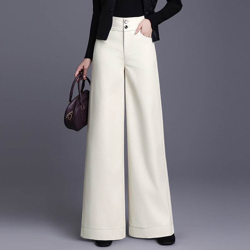 Women's Leather Fleece-lined Thickened High Waist Loose Casual Pants