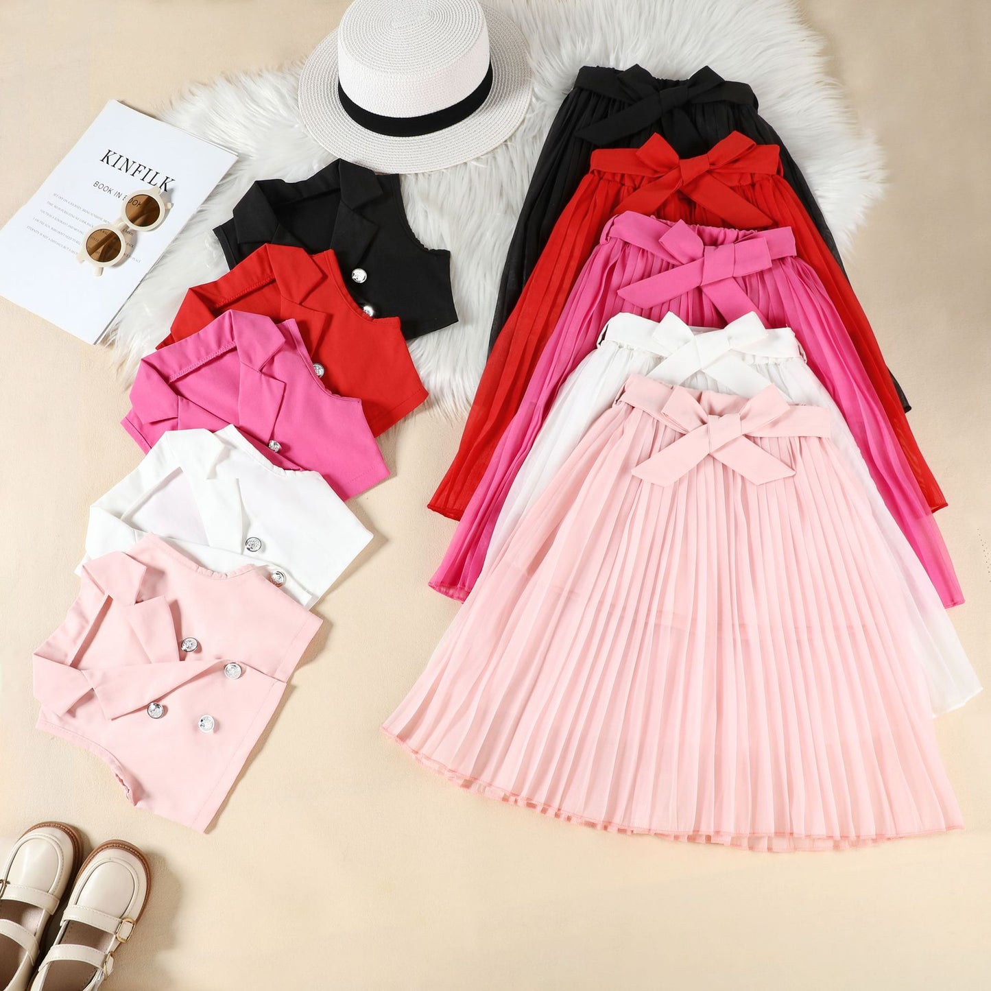 Fashion Tailored Collar Sleeveless Top Pleated Skirt Two-piece Children's Suit