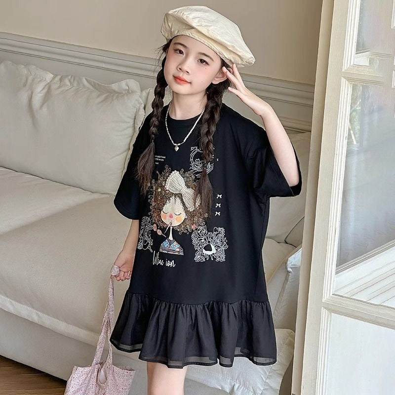Women's & Children's Cotton Summer Western Style Cartoon T-shirt Skirt Teenager Clothing Children's Dress