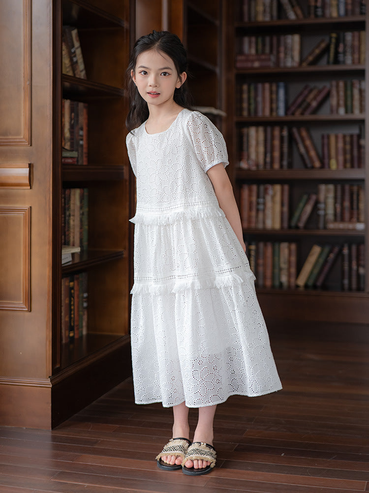 Hollow Embroidered White Cotton Summer Medium Children's Dress