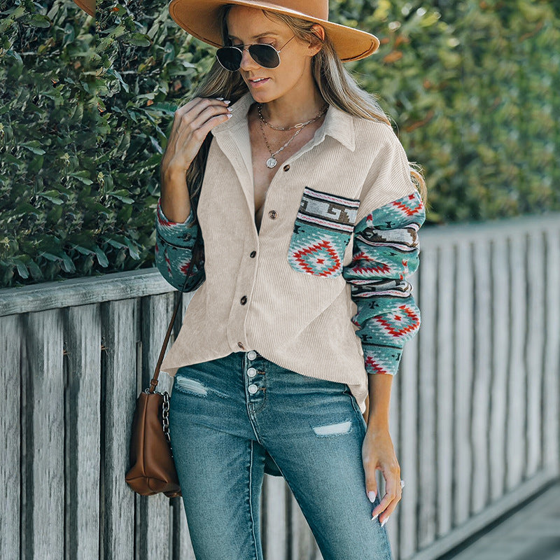 Women's Corduroy Shirt Ethnic Style Stitching Thin Blouse