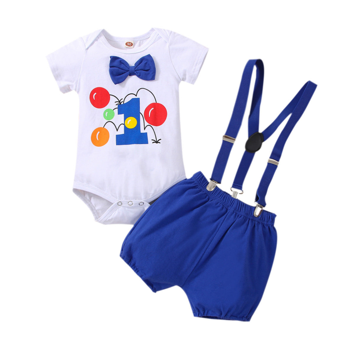 Boys Carrier Strap Short-sleeved Birthday Clothes Bow Print Romper Two-piece Jumpsuit, Climbing Suit