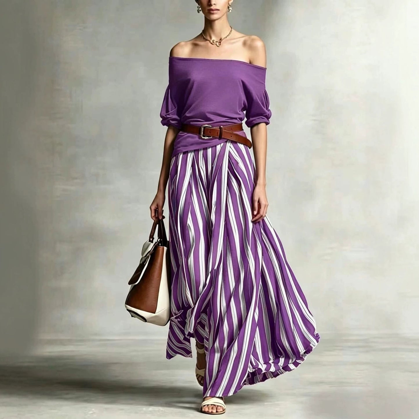 Women's Puff Sleeve Vertical Stripes Draping Striped Fashion Casual Suit