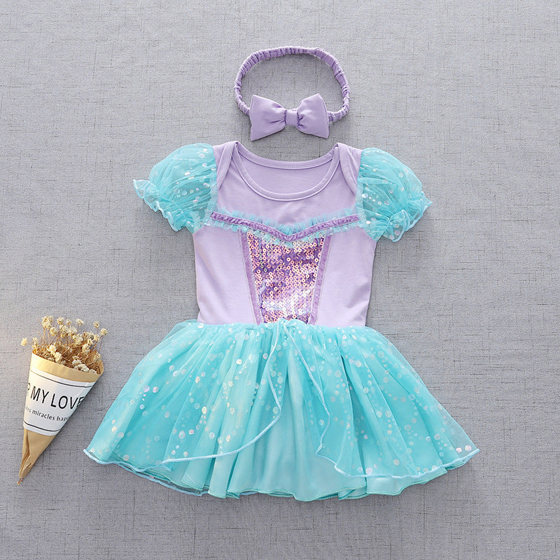 Children's Pullover Romper Short Sleeve Tulle Skirt Jumpsuit, Climbing Suit