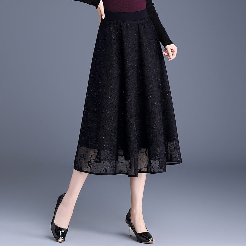 Women's Tulle High Waist Pleated Black Slimming A- Line Skirt