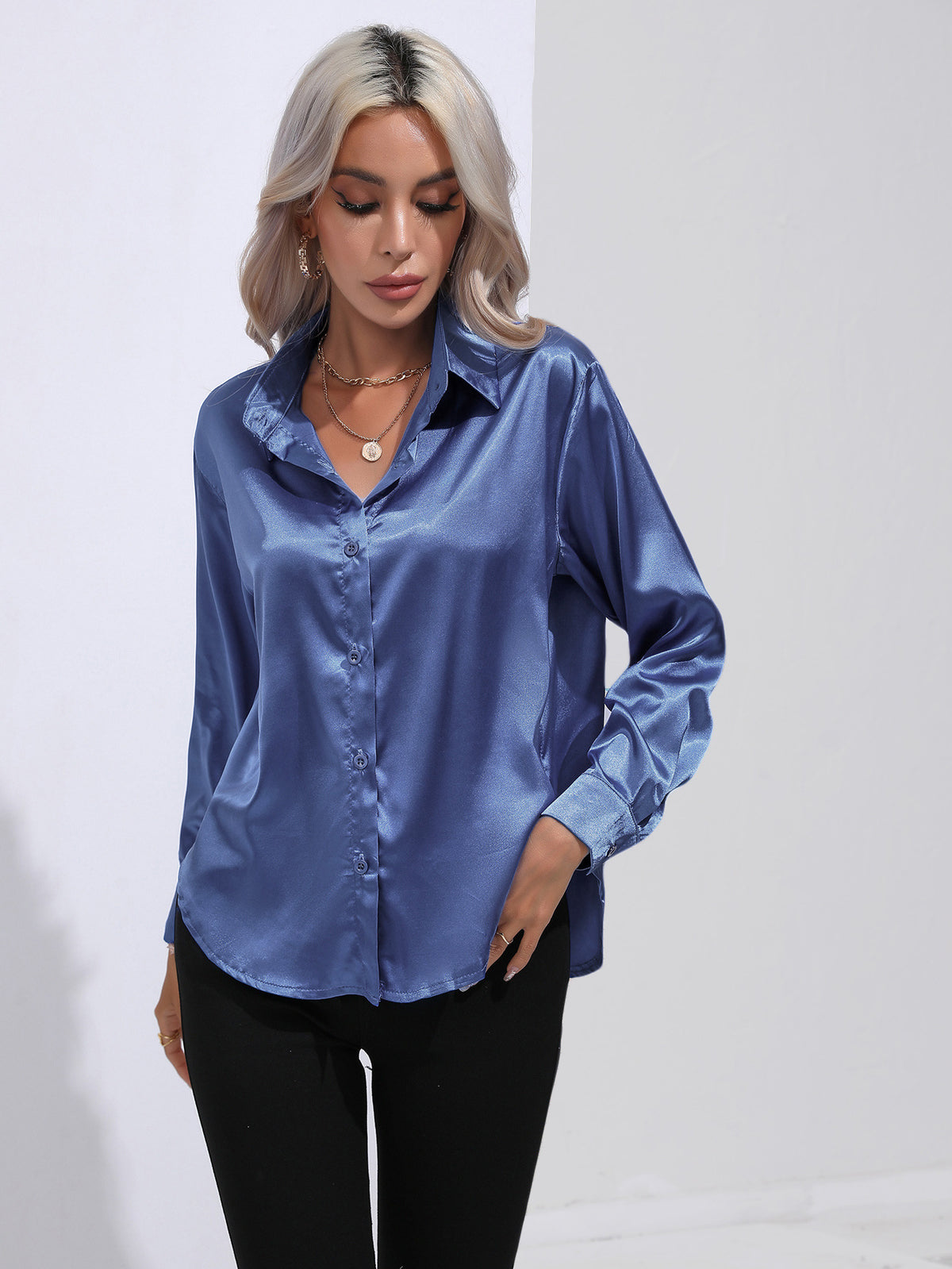 Glamorous Unique Women's Satin Shirt Long-sleeved Blouse