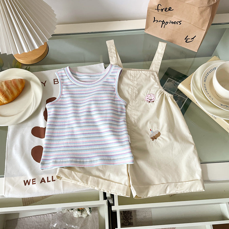 Summer Korean Style Striped Vest Cartoon Suspender Children's Suit