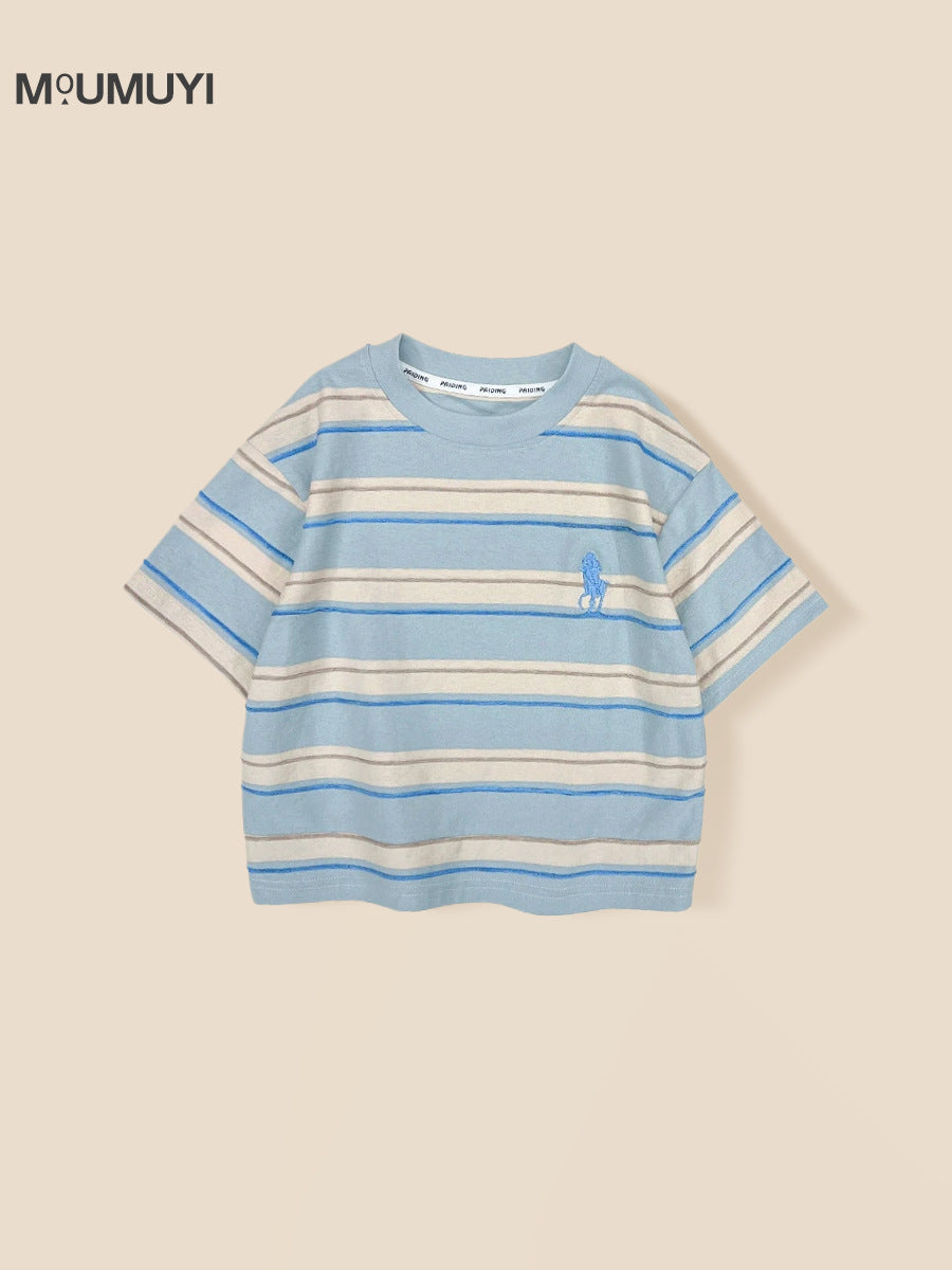 Children's Collar For Boys Contrast Color Wide Striped Embroidered Children's T-shirt