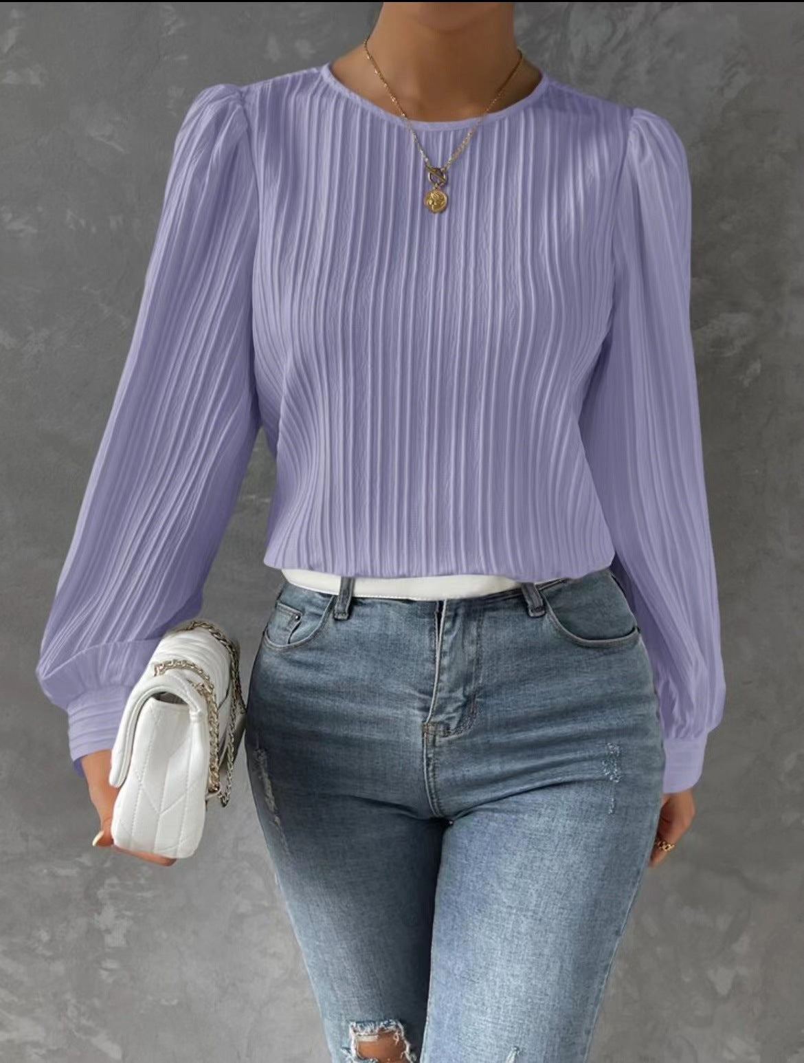 Spring Round Neck Lantern Sleeve Long Solid Color Blouses