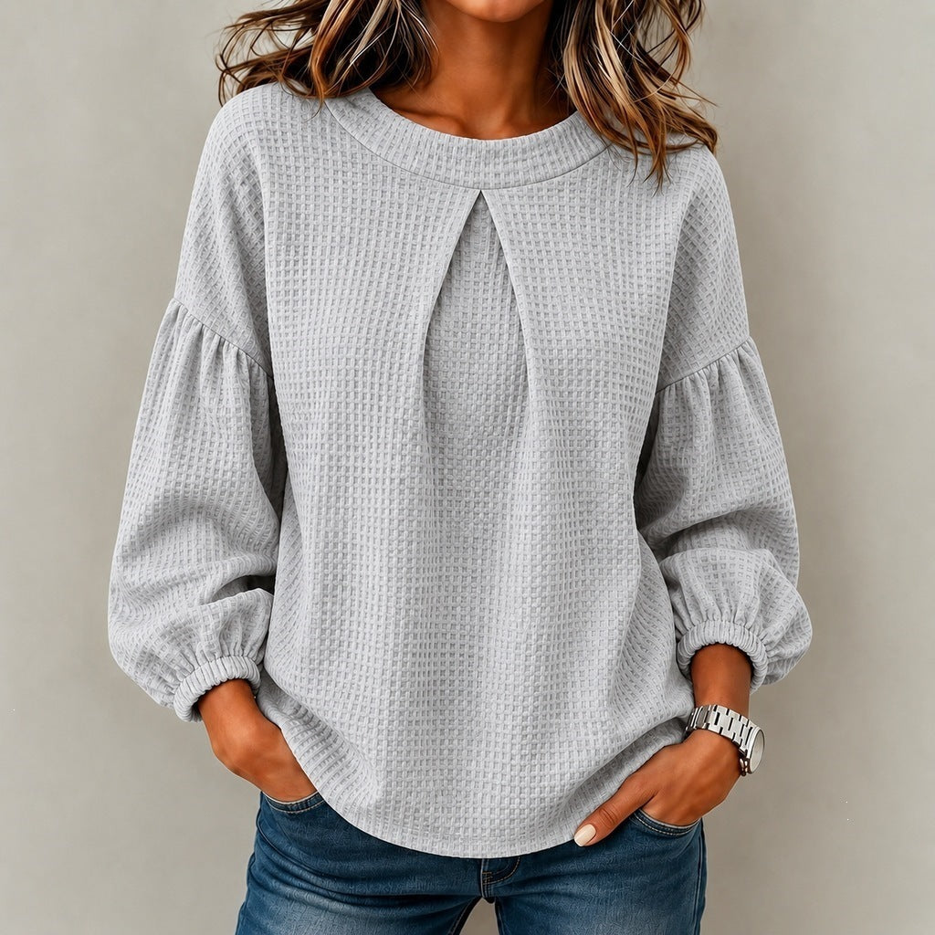 Women's Patchwork Puff Sleeve Waffle Round Neck Solid Color Tops