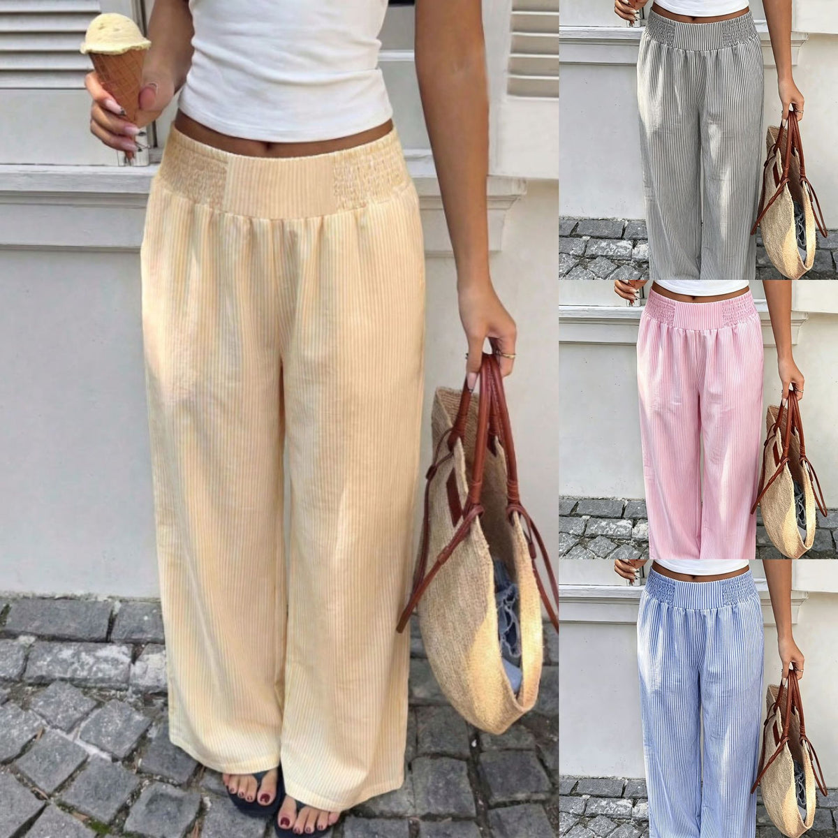 Fashion Women's Waist Smocking Striped Long Pants