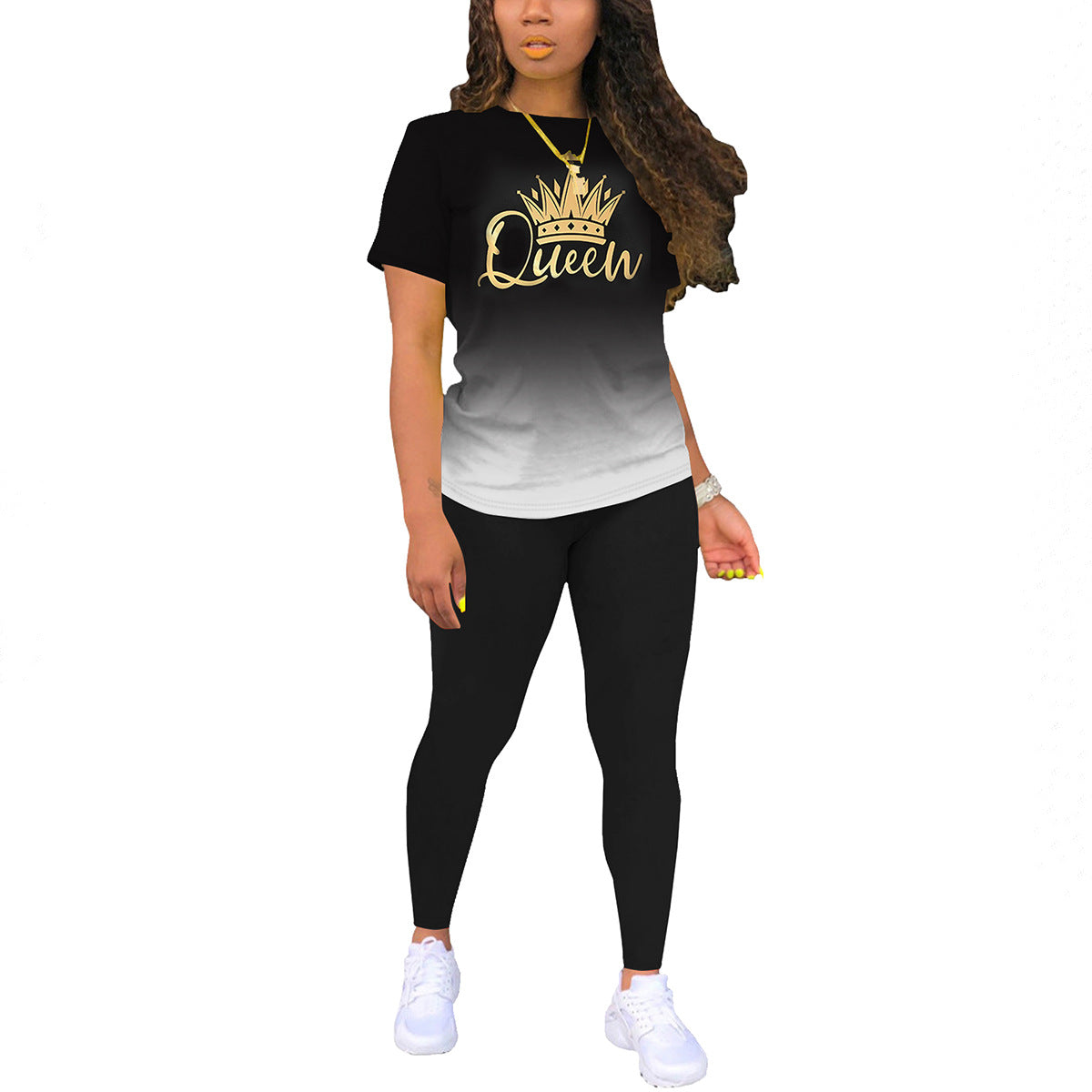 Women's Solid Color Gradient Printing Round Neck Sleeve T-shirt Fashion Casual Suit