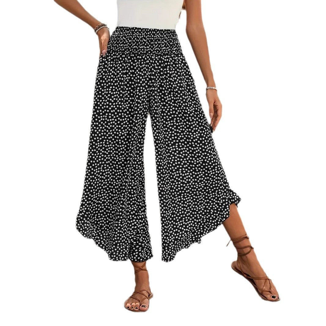 Polka-dot Loose-fitting Cinched Figure Flattering Wide Casual Pants