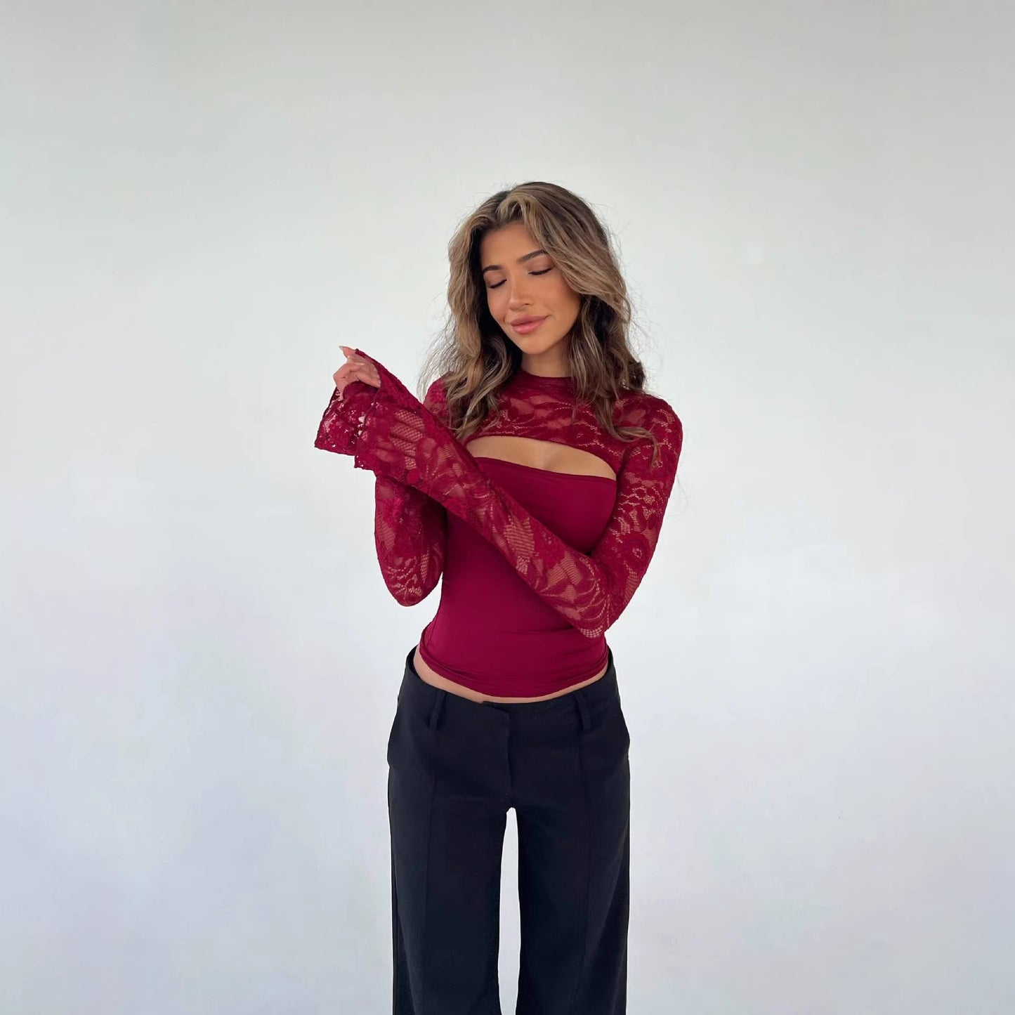 Sexy Hot Lace Stitching Design Bell Sleeve Slimming Women's T-shirt