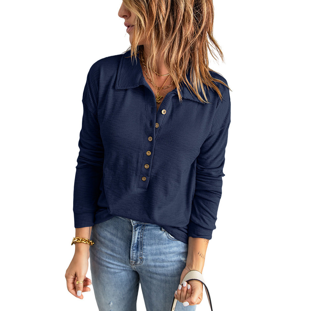 Women's Solid Color Single-breasted Lapel Long Sleeve Loose Casual Women's T-shirt