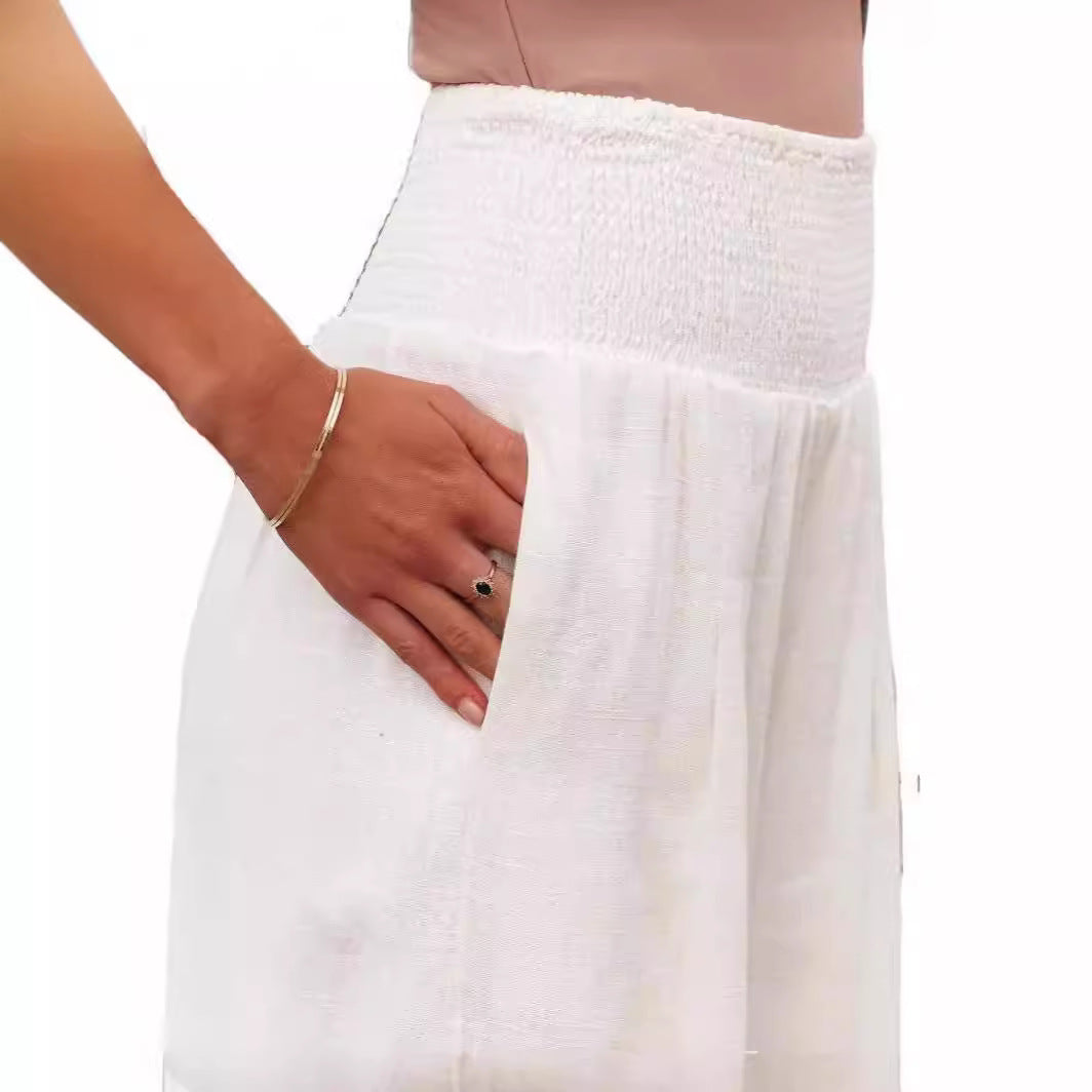 Women's Cotton Linen Pure Color Elastic Waist Wide Leg Casual Pants