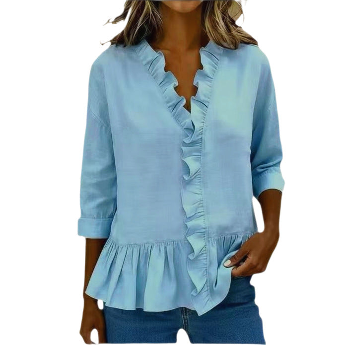 Women's Pure Color Ruffles T-shirt Casual Cropped Sleeves Blouse