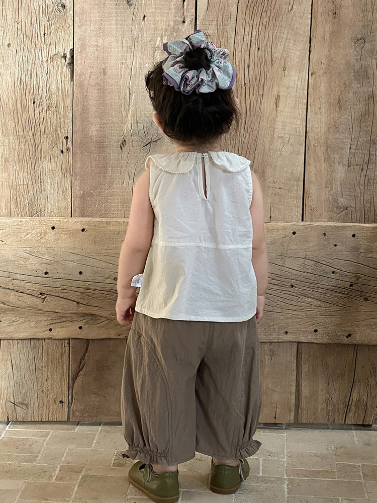 Collar Solid Color Sleeveless Outer Wear Children's T-shirt