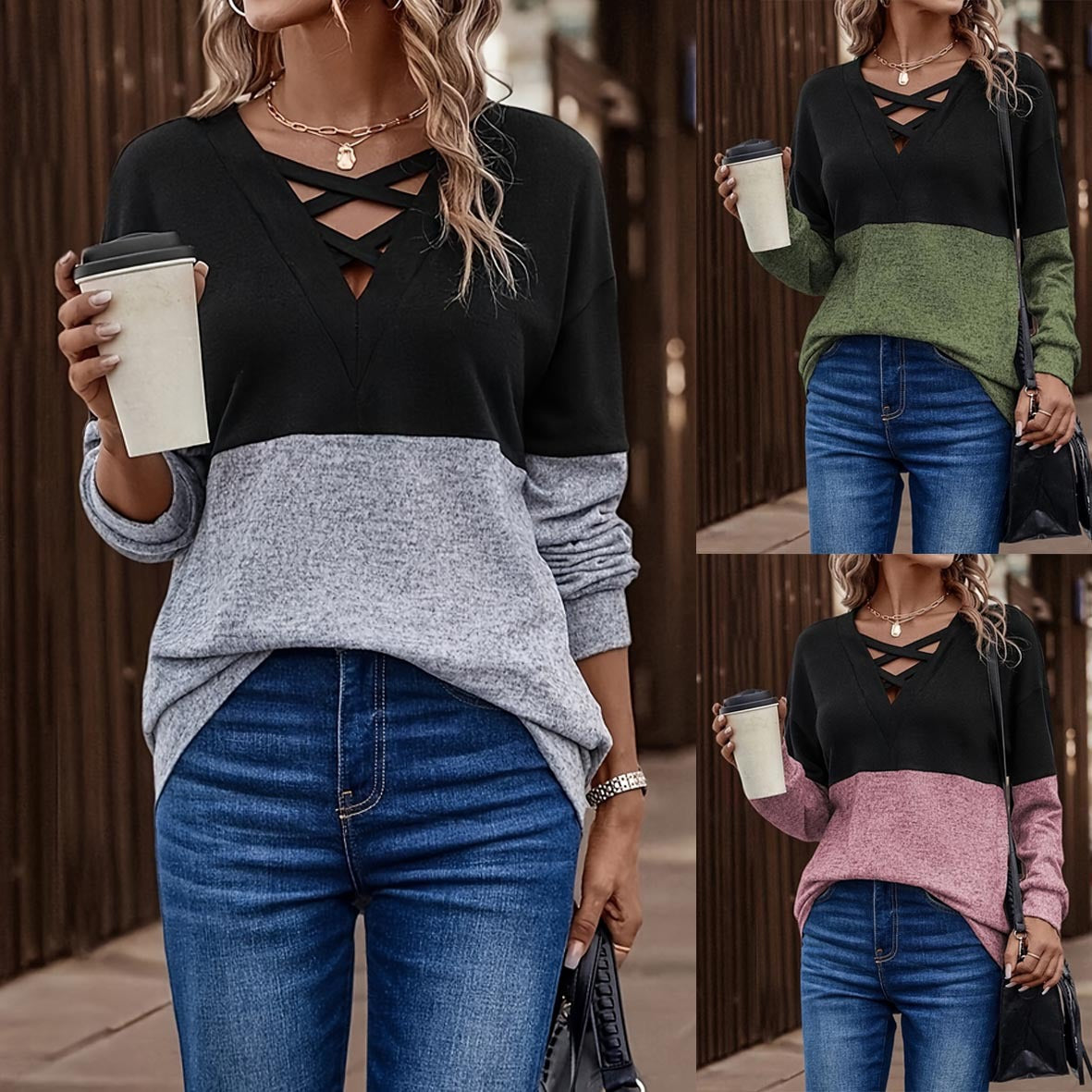 Women's Half Sleeve Cross Color Contrast Patchwork Women's T-shirt