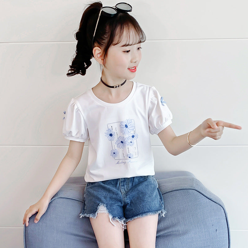 Children's Summer Clothes Western Style Puff Sleeve Top Medium Big Cotton Children's T-shirt
