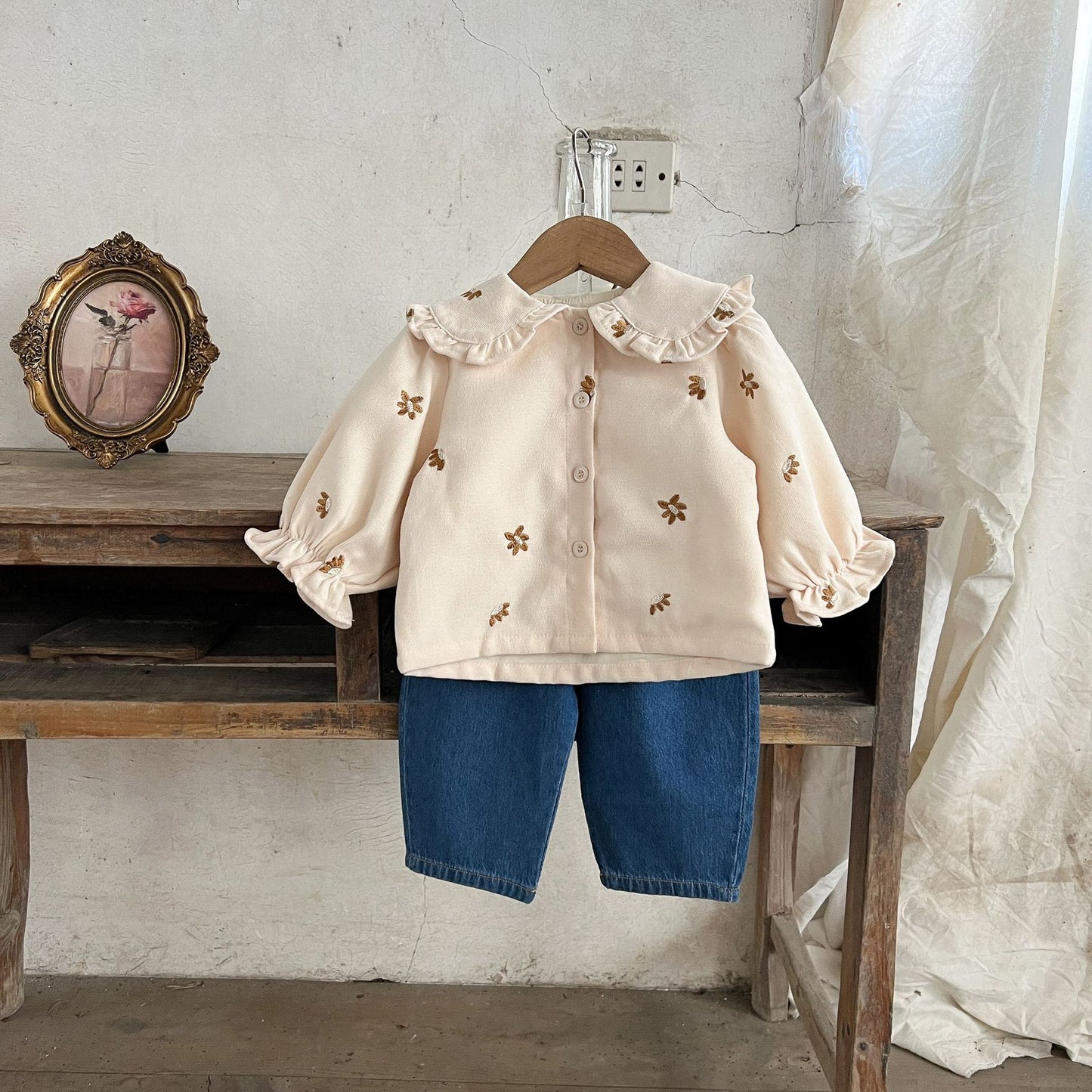 Style Spring Corduroy Embroidered Lapel Shirt Jeans Pure Cotton Loose Children's Suit