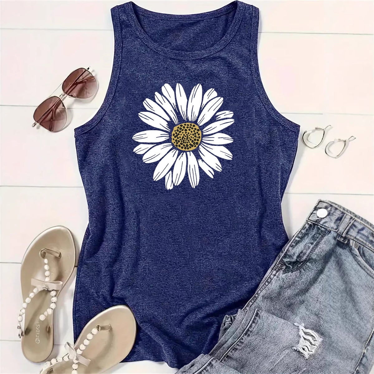 Women's Sleeveless Sunflower Print Loose Comfort Casual Fashion Tops