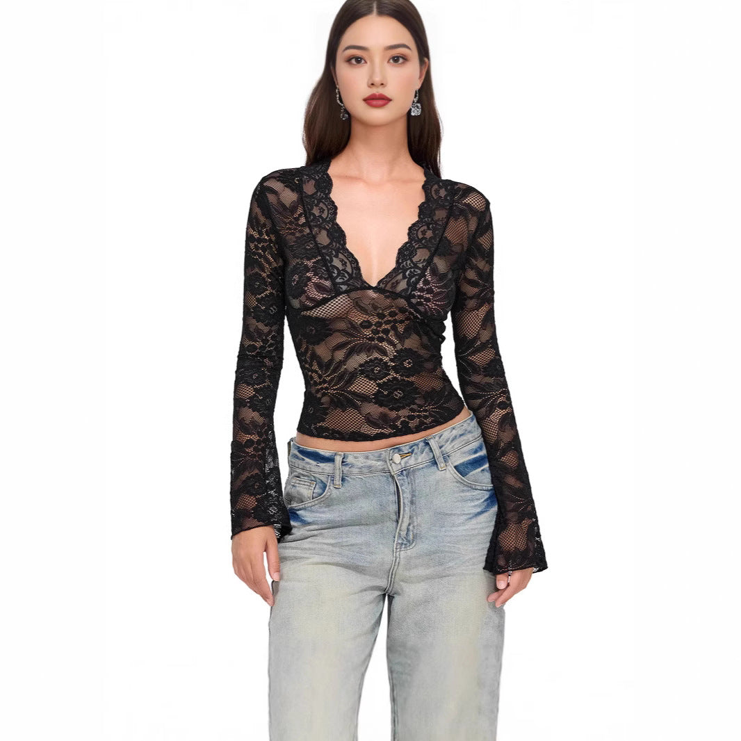 Women's Pure Hot Sexy Deep V Slim Fit Long Sleeve Tops