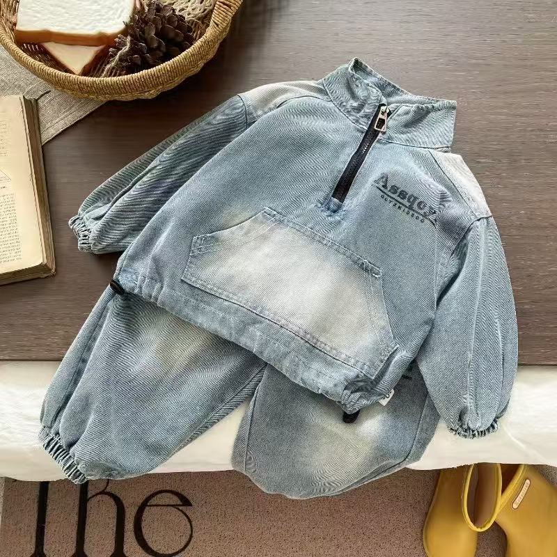 Children's Autumn Half Zipper Denim Hoodie Leisure Children's Suit