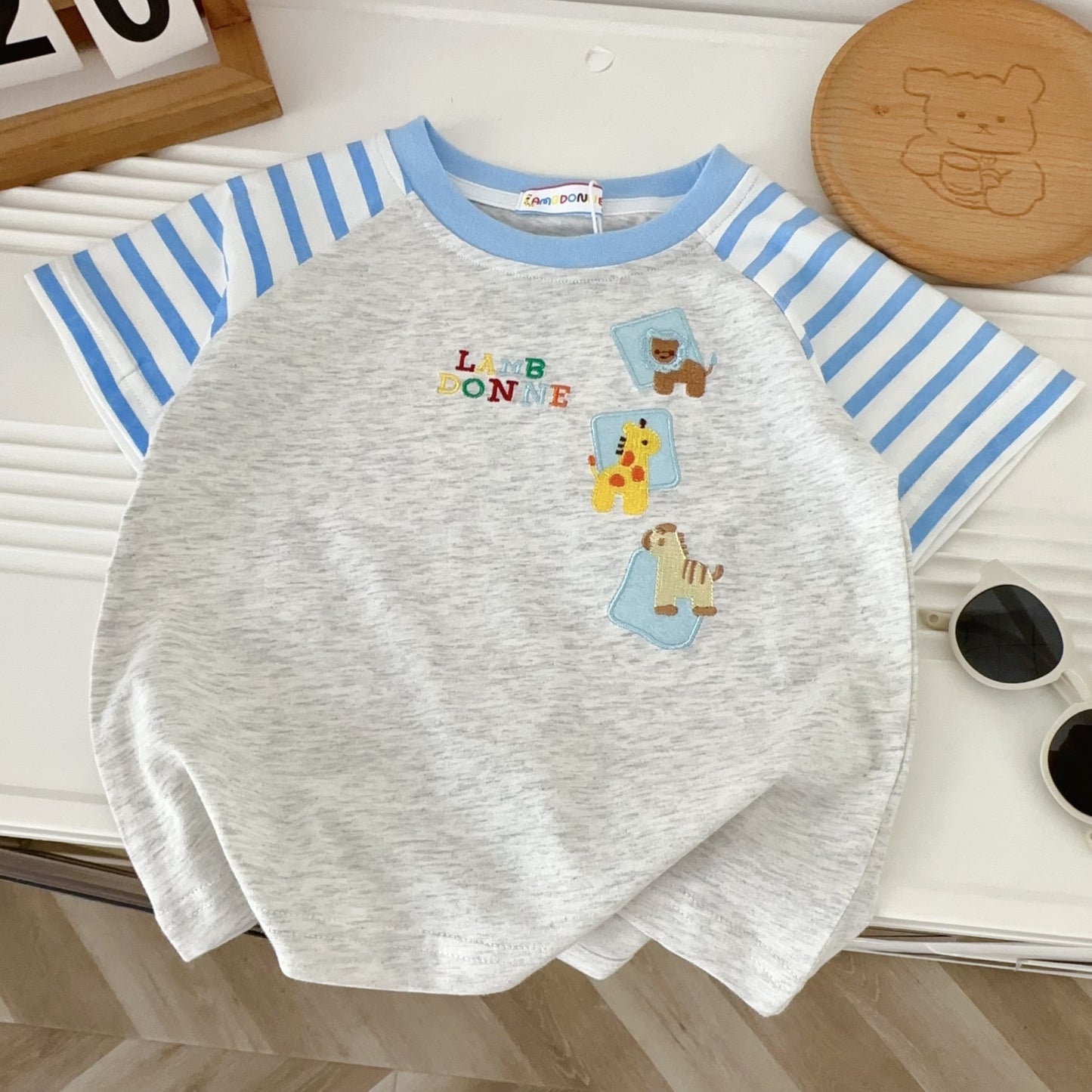 Children's Boy's Short-sleeved Summer Clothes Cartoon Embroidered Crew Neck Striped Short Children's T-shirt