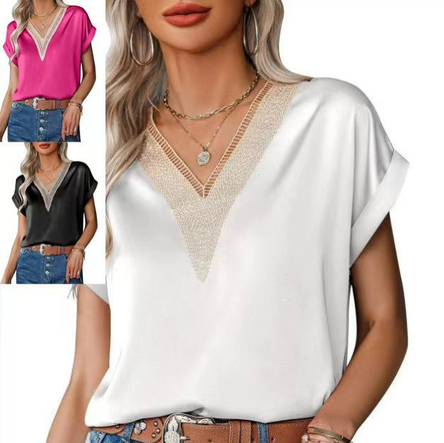 Women's Elegant Fashion Solid Color Lace Stitching Women's T-shirt