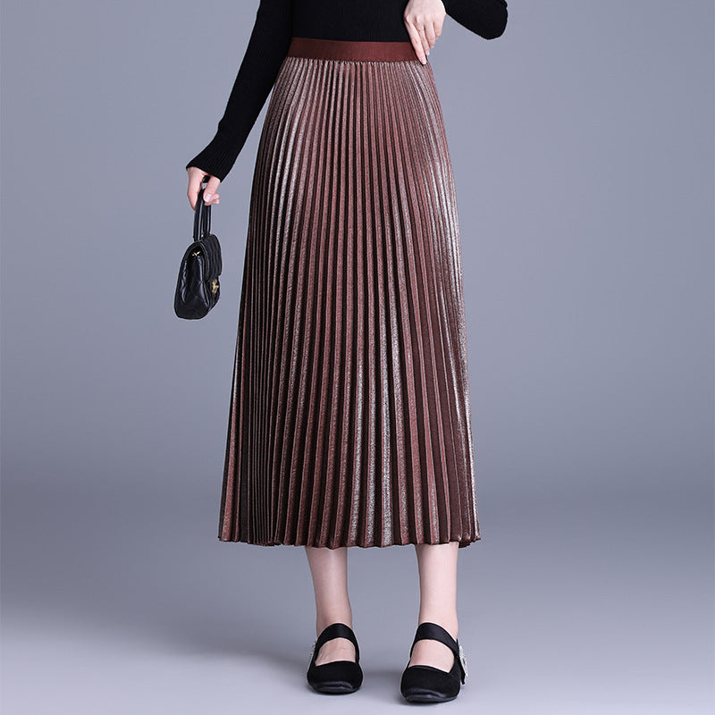 Pleated Autumn High Waist Mid-length Long Dress Temperament Drape A- Skirt