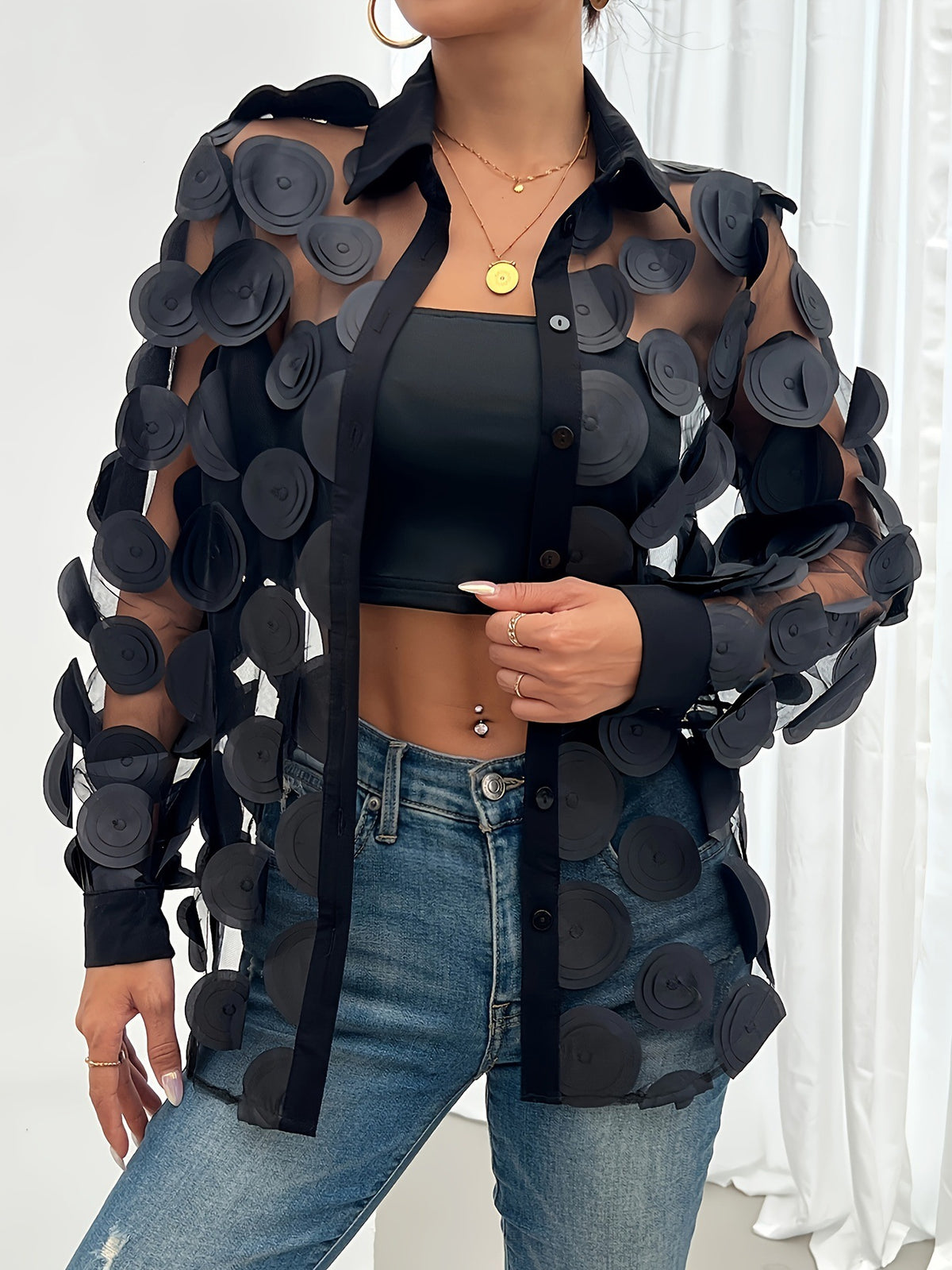 Women's Long Sleeve Fashion Gauzy Shirt Three-dimensional Flower Decoration Tops
