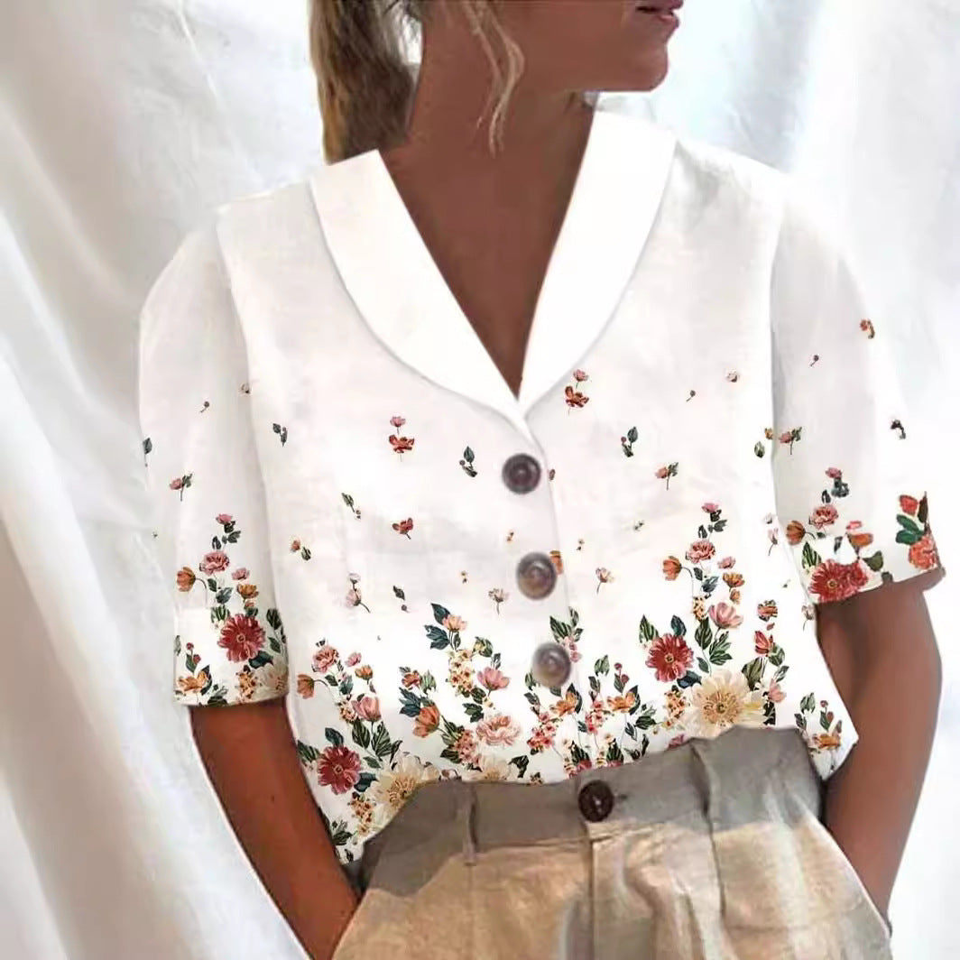 Women's Collar Button Casual Long Half Sleeve Cotton Blouse