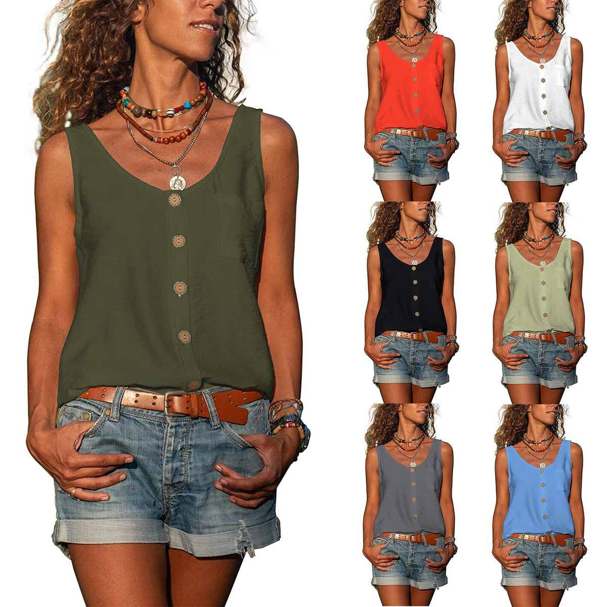 Women's Summer Solid Color Button Shirt Sleeveless Vests